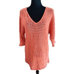 Sundance Loose Knit Coral VNeck Sweater Tunic 3/4 Sleeve Boho Cottage Core Beach